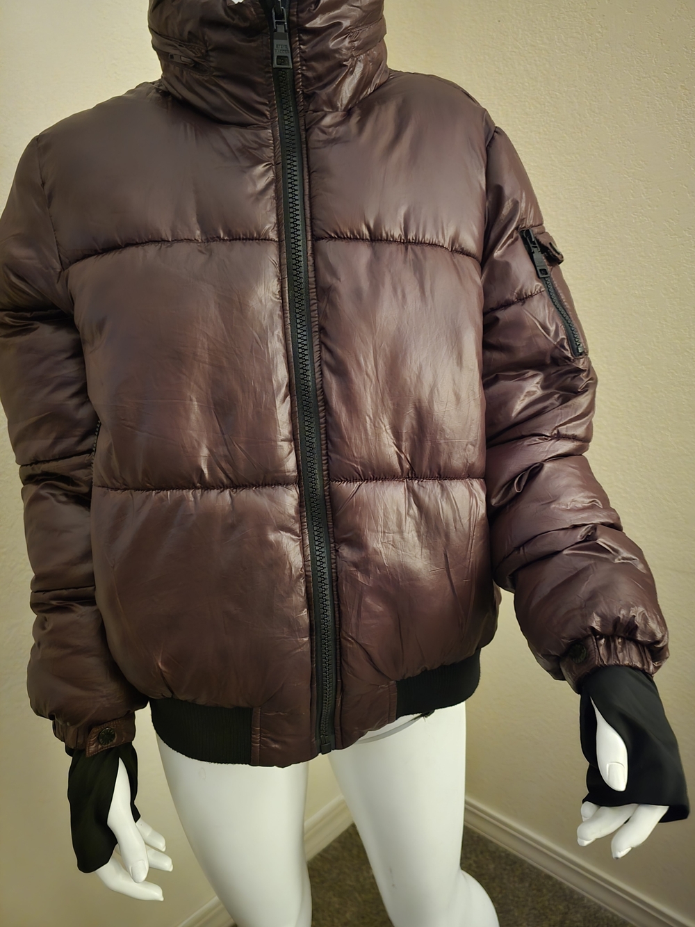 Steve Madden Women's Shiny Dark Brown Puffer Jacket